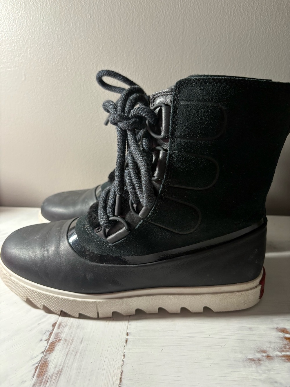Black Lace-Up Wedge Platform Boots